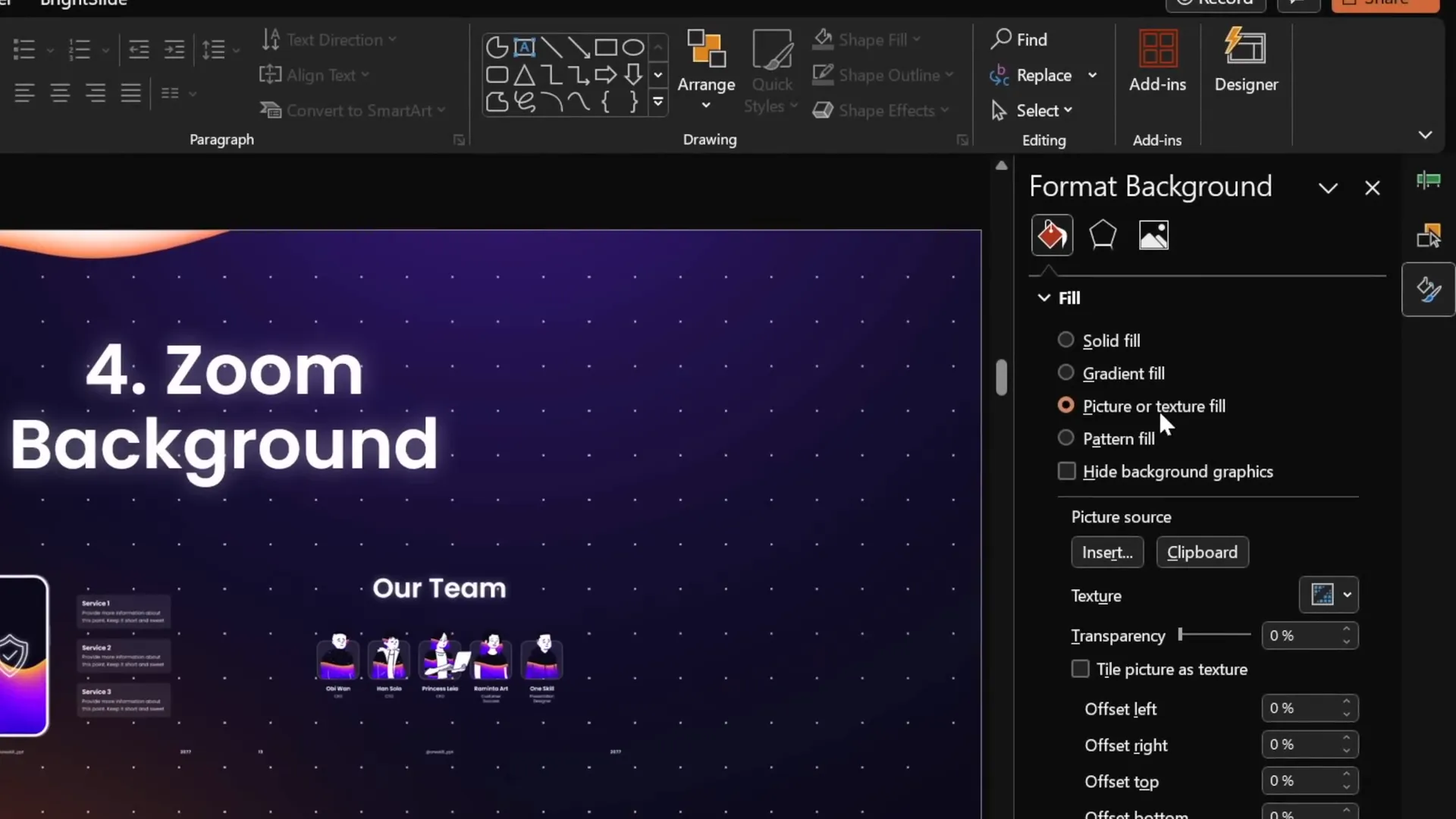 Setting slide zoom background to transparent