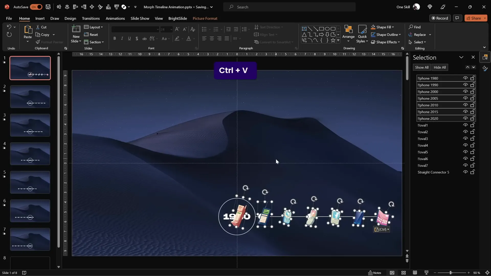 Phone illustrations pasted above timeline on slide 1