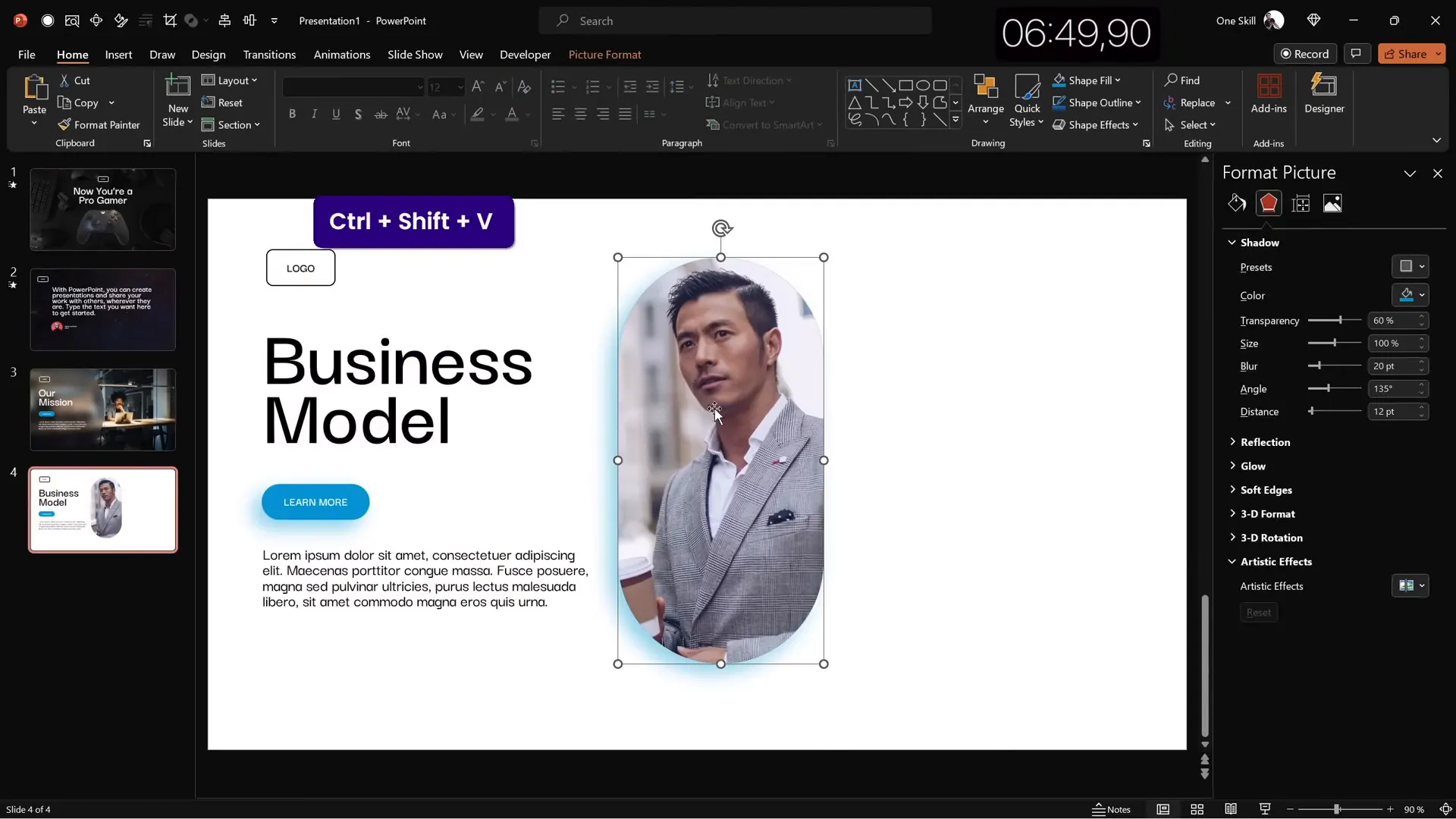 Business model slide with masked photo and key performance indicators