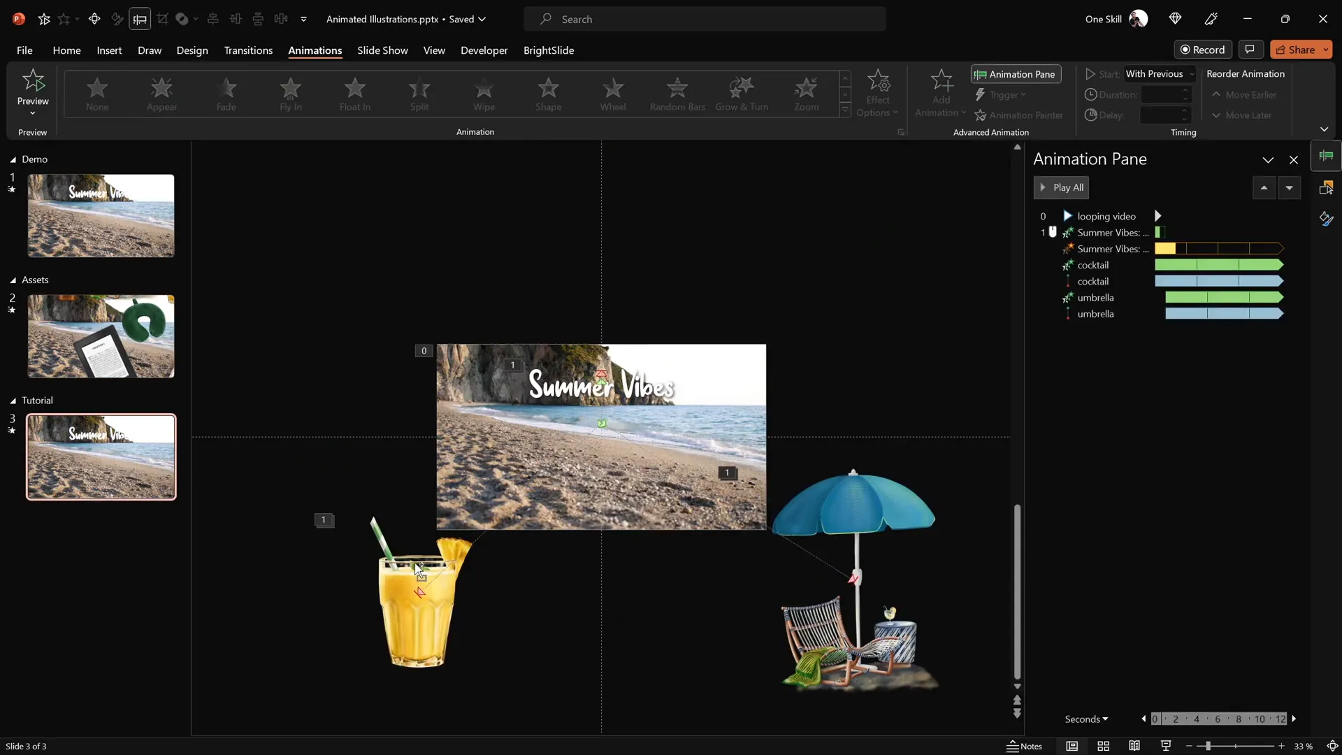 Looping animations of cocktail glass and umbrella illustrations in PowerPoint