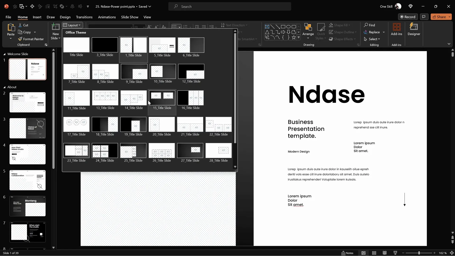 Ndase PowerPoint template slide layouts and image placeholders