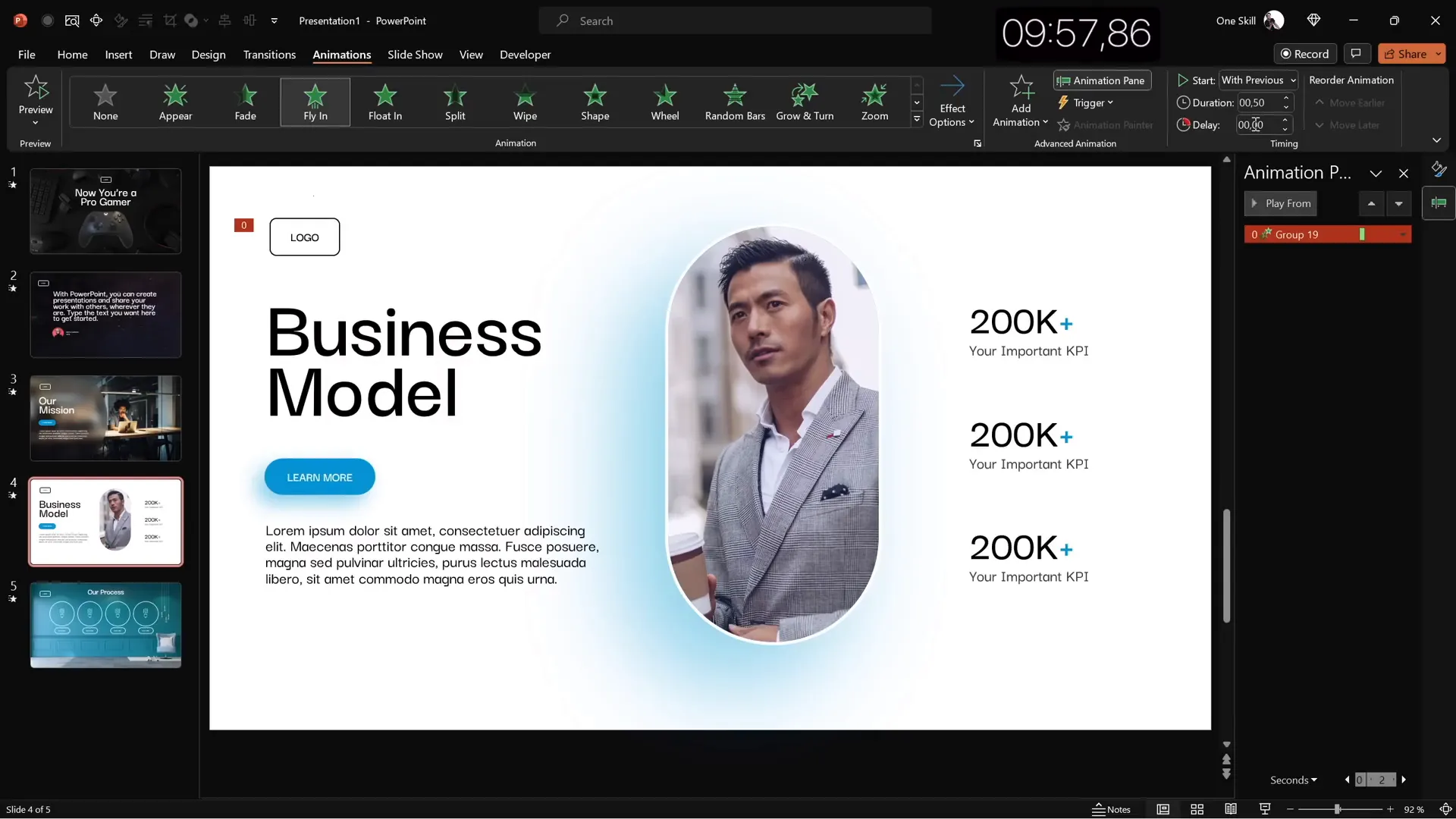 Animations and transitions applied to slides