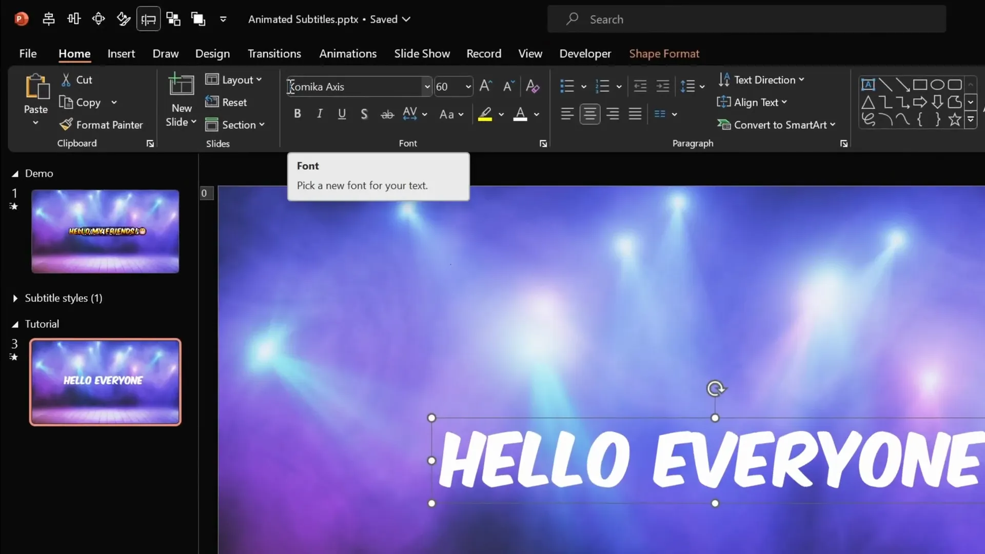 Inserting and formatting the subtitle text box