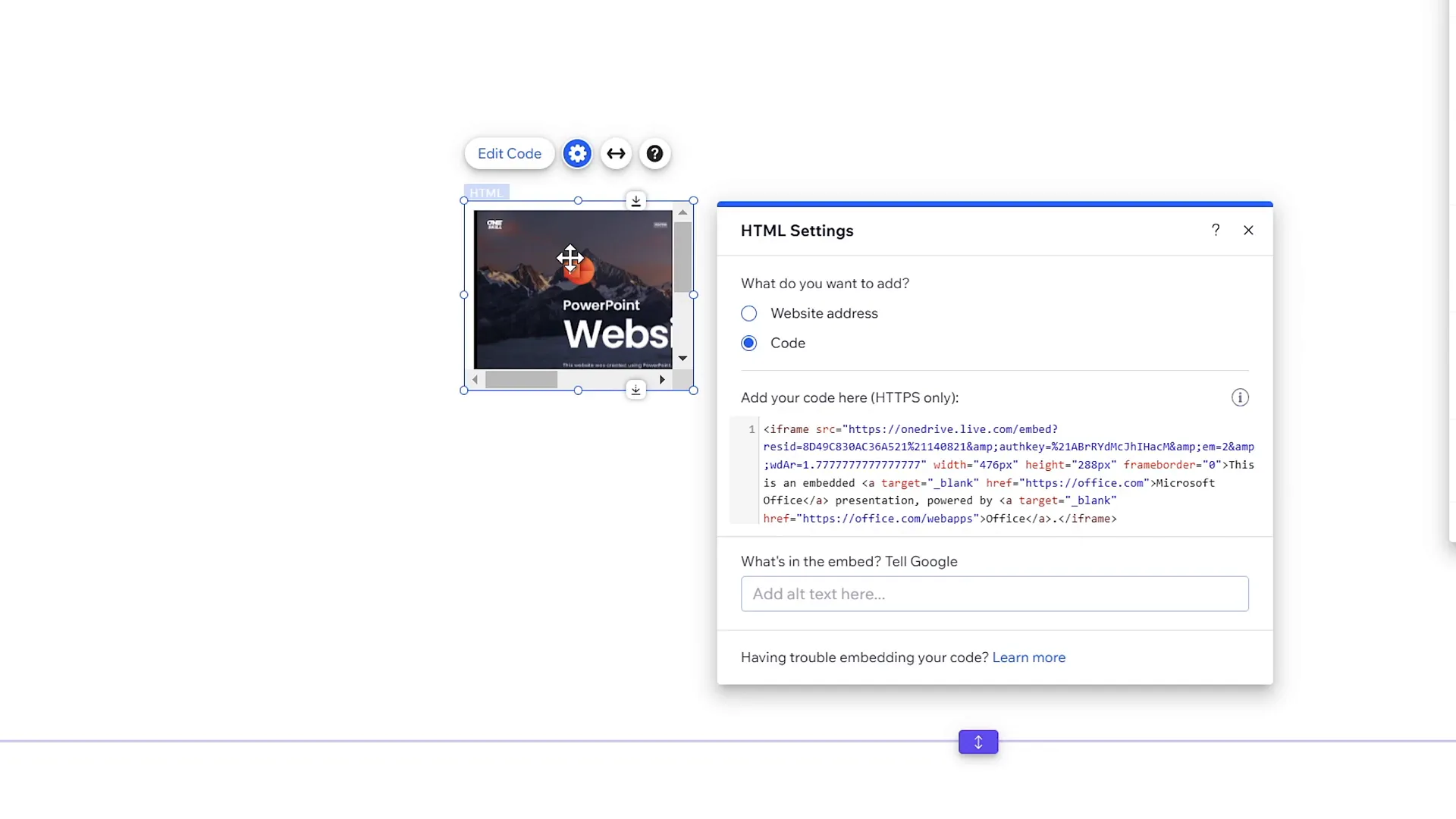 Embedding PowerPoint presentation into website builder showing small preview
