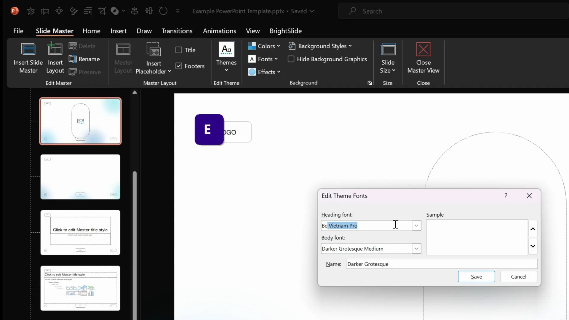 Changing font pairs in PowerPoint slide master view
