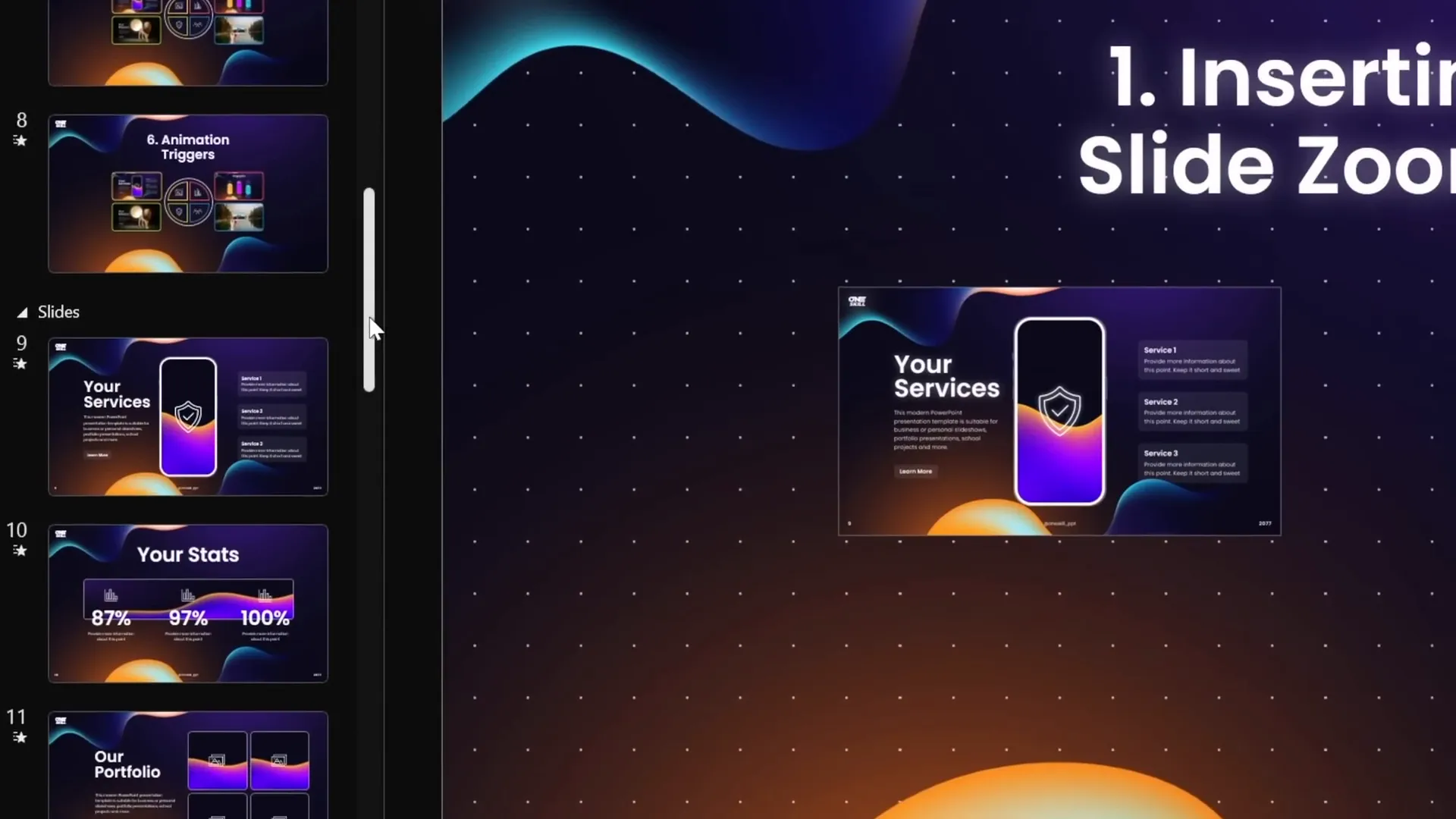 Inserting slide zoom via drag and drop from slide list