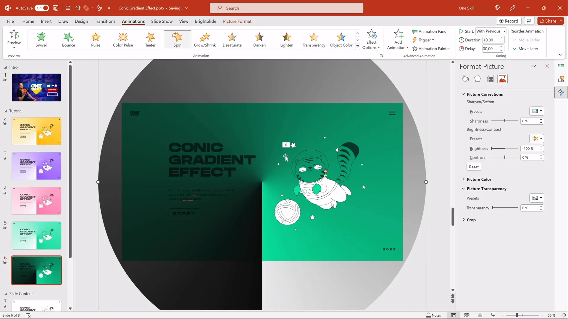 Adjusting brightness and transparency of gradient image in PowerPoint