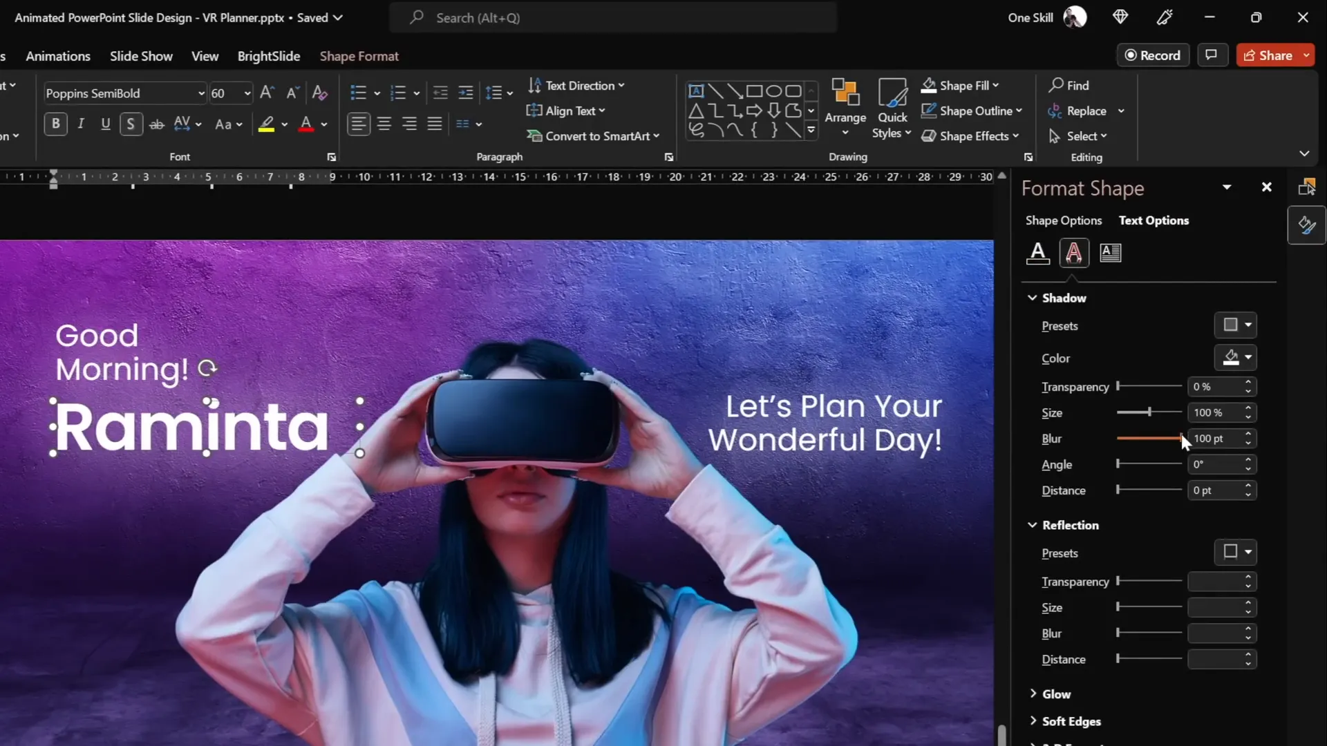 Glowing text boxes designed with Poppins font and white shadows