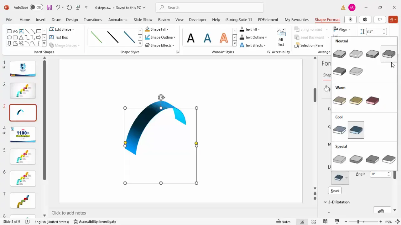 Customizing 3D lighting and material effects on arrow shape