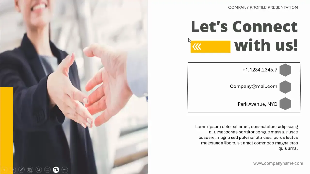 Contact us slide with icons and contact details