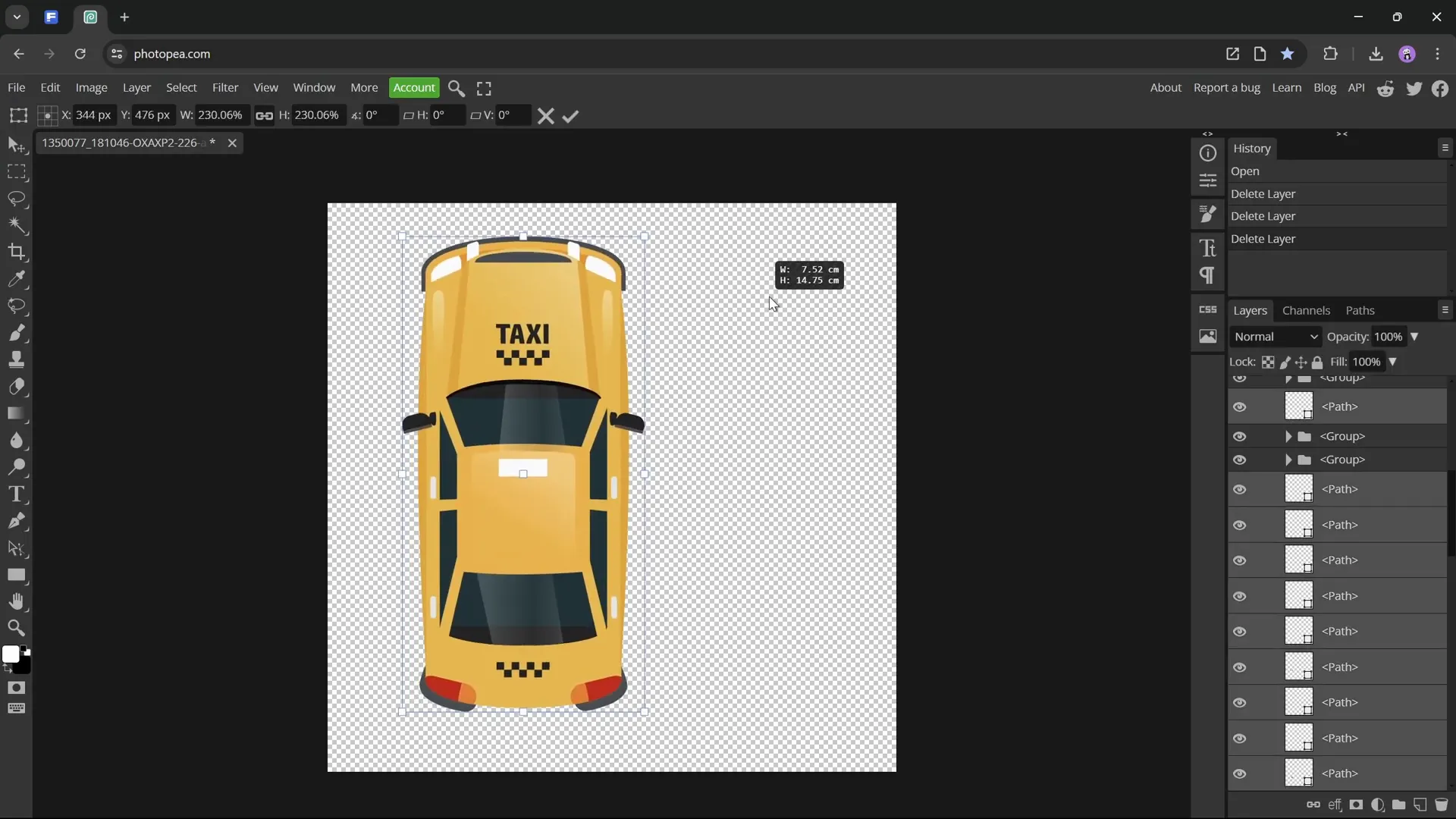 Photopea interface with AI file loaded and other cars deleted