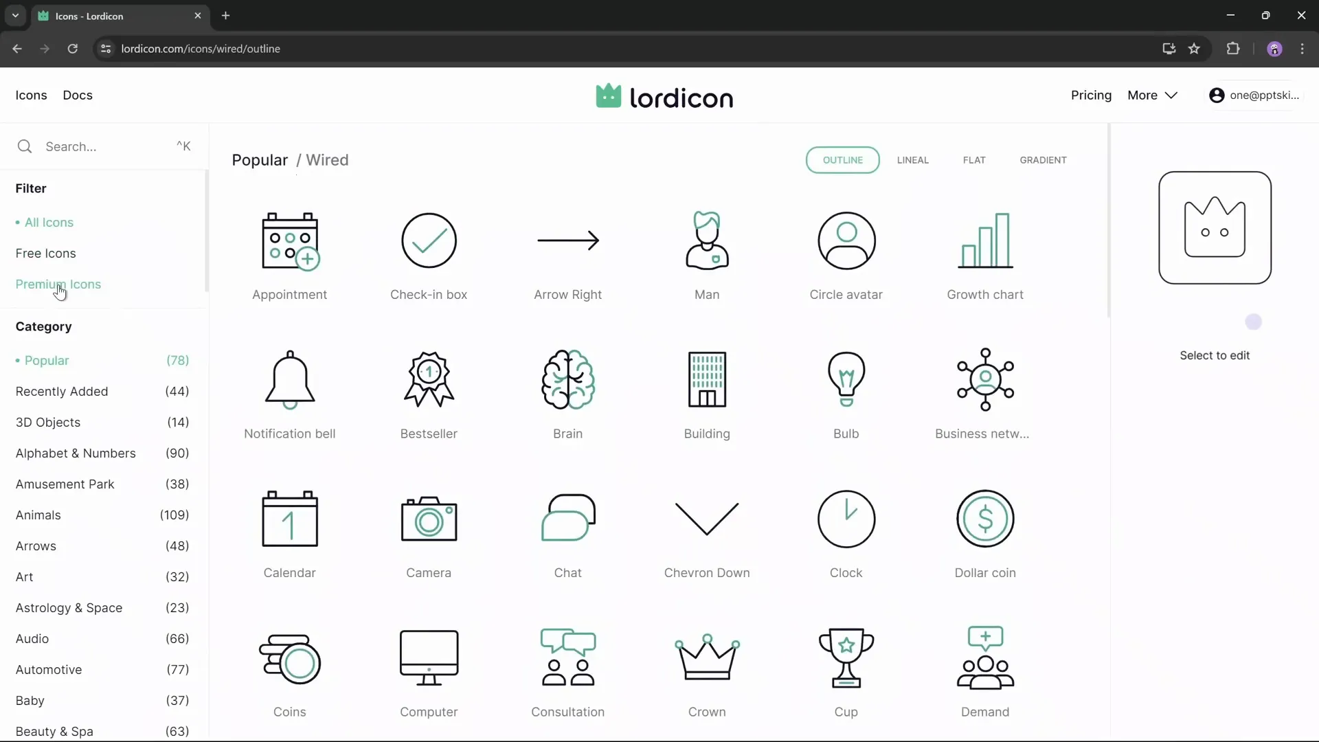 Lordicon website showing animated icon selection and customization