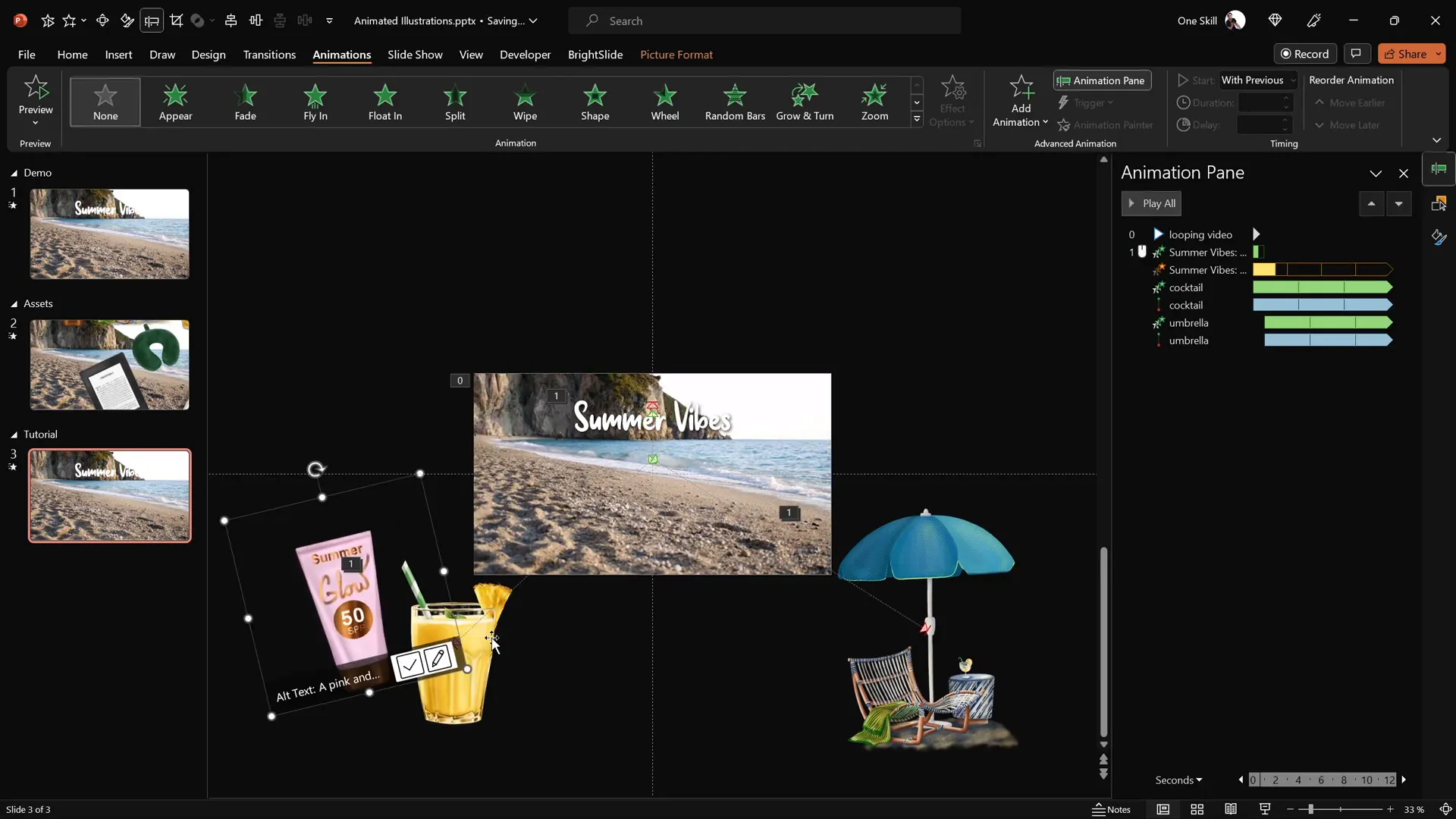 Staggered motion path animations on multiple summer illustrations