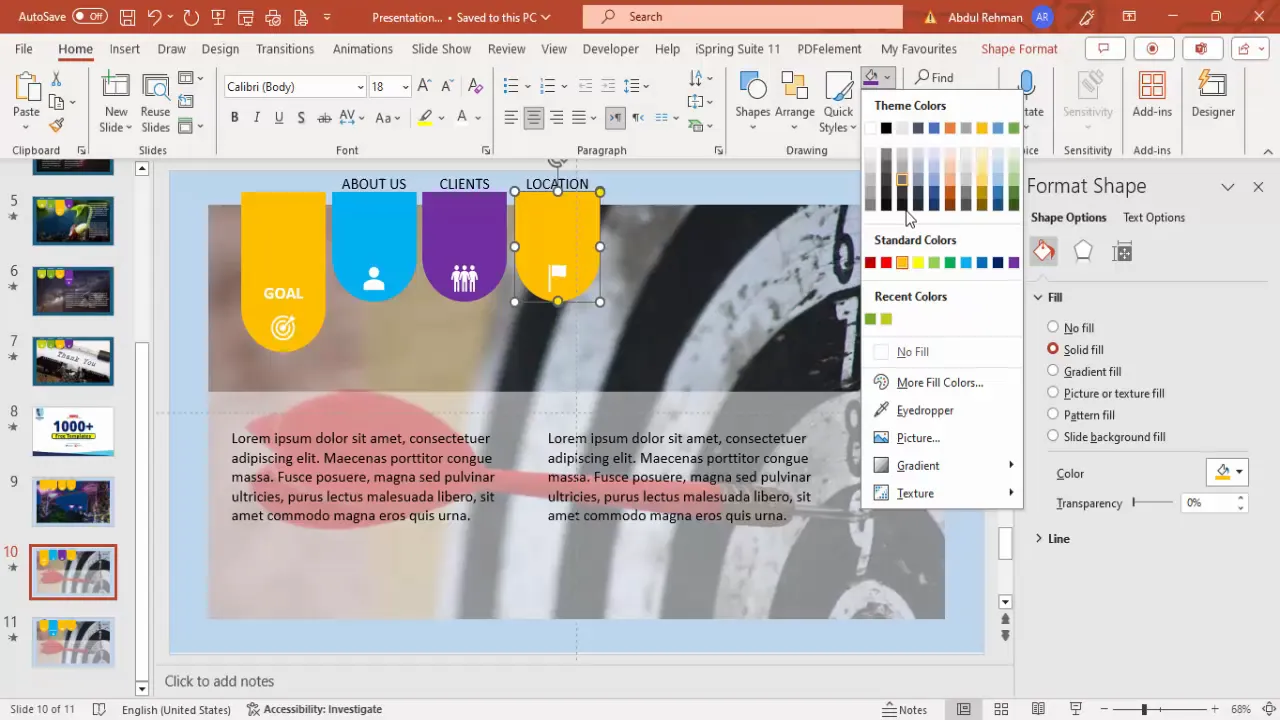 Customizing colors and layouts of tabs and text in PowerPoint