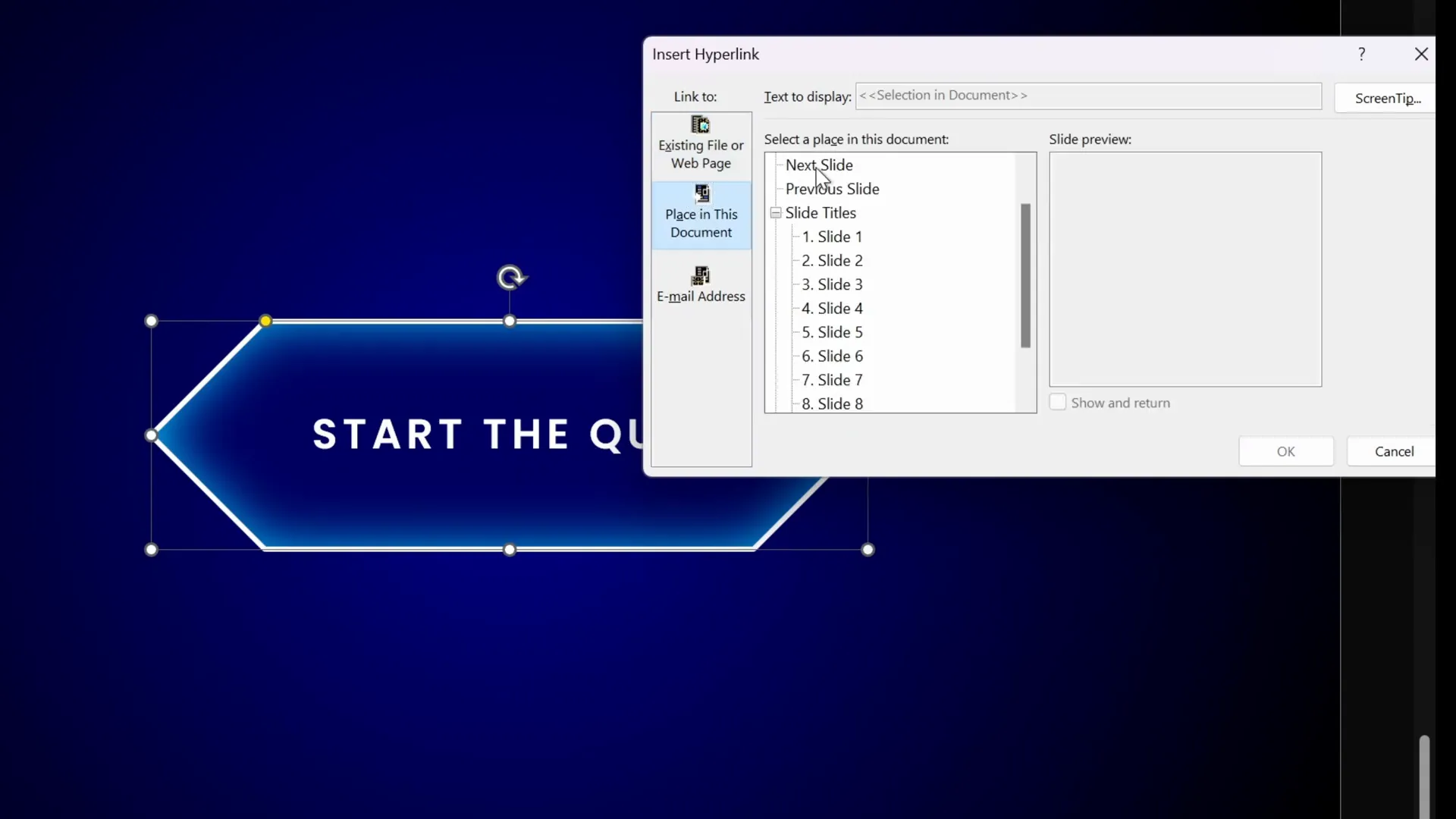 Hyperlink setup for the start button to jump to the next slide