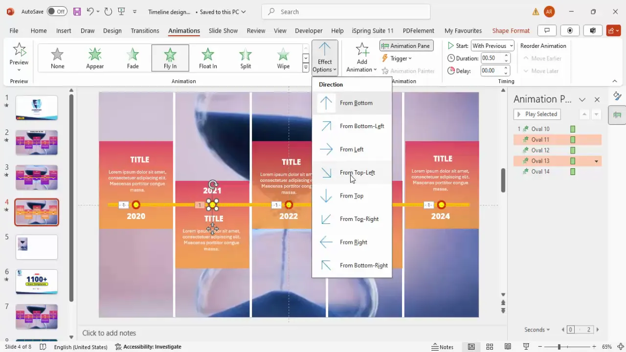Applying fly-in animations to timeline elements