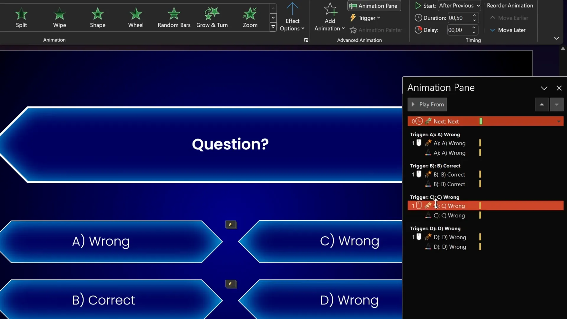 Adding flying entrance animation to Next button after correct answer