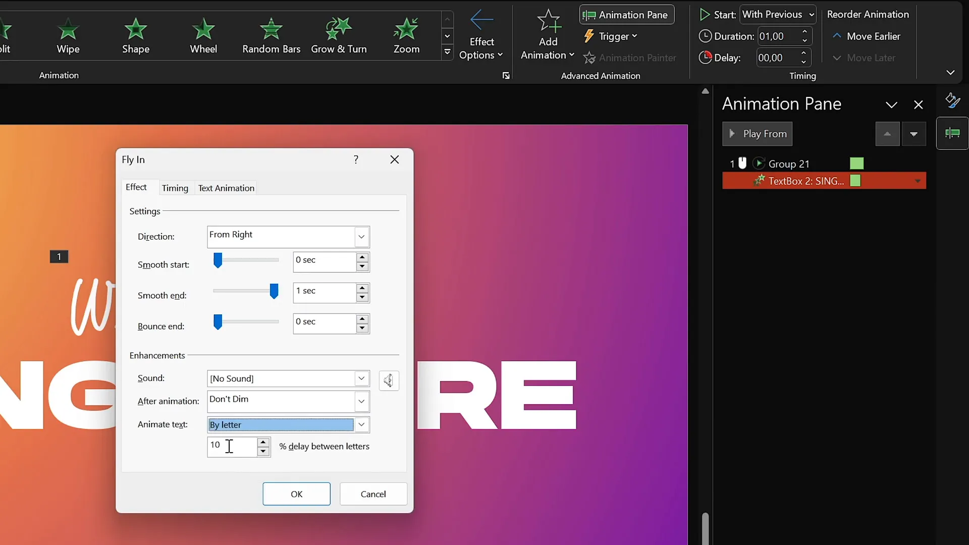 Fly in animation applied to 'Singapore' text with letter delay