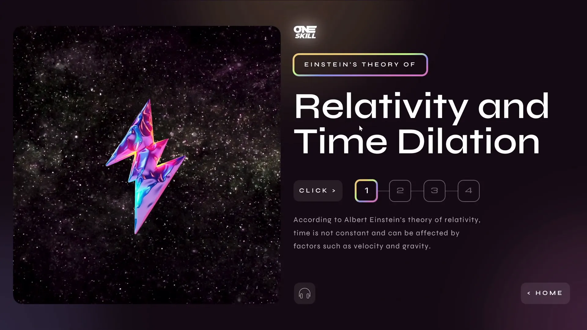 Clickable section leading to detailed slide on relativity and time dilation