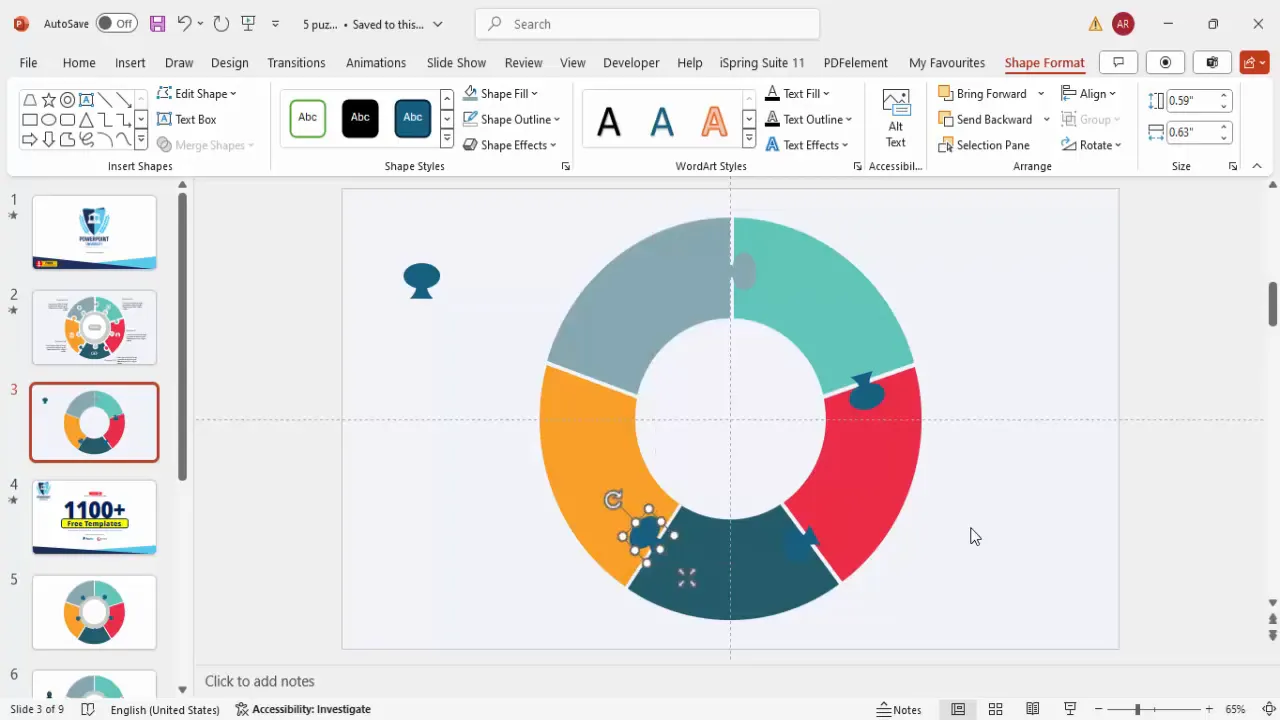 Creating and applying puzzle tab shapes to infographic pieces