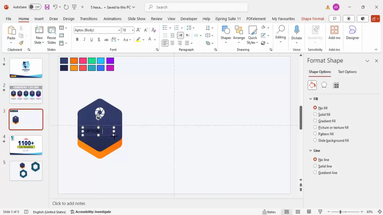 Icon added to hexagon shape with option number and detailed text