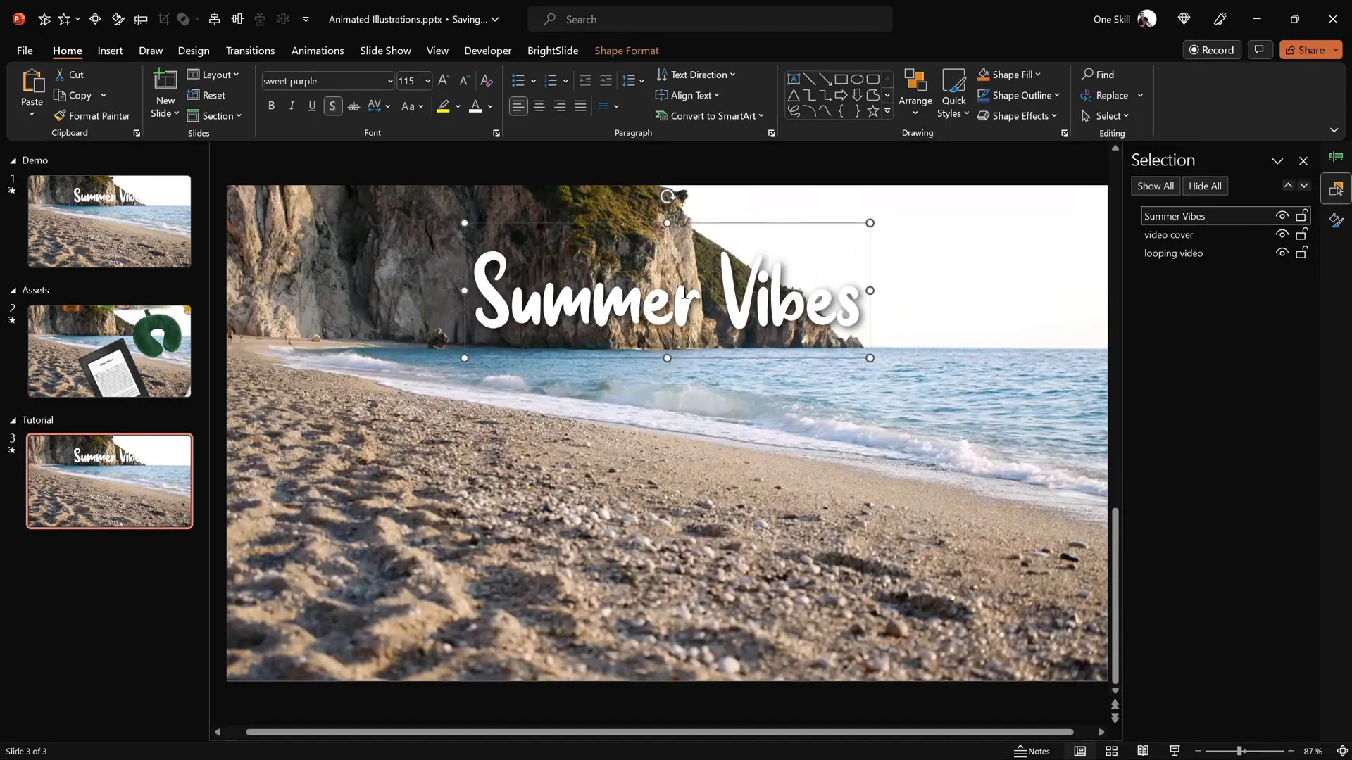 Positioning summer-themed animated text at the top of the slide