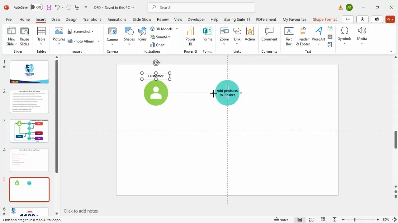Connecting oval shapes with arrows to represent data flow