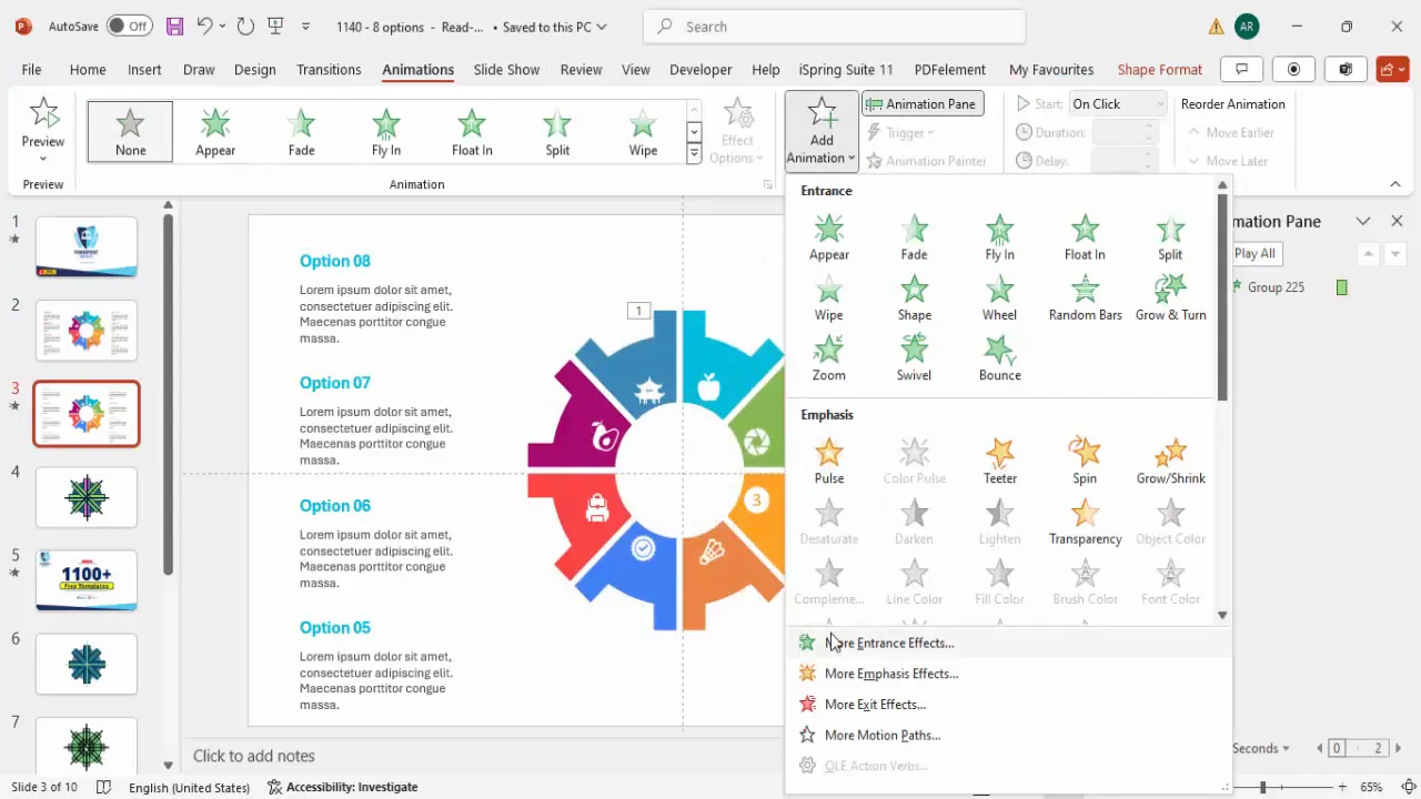 Animation pane showing applied animations for infographic options