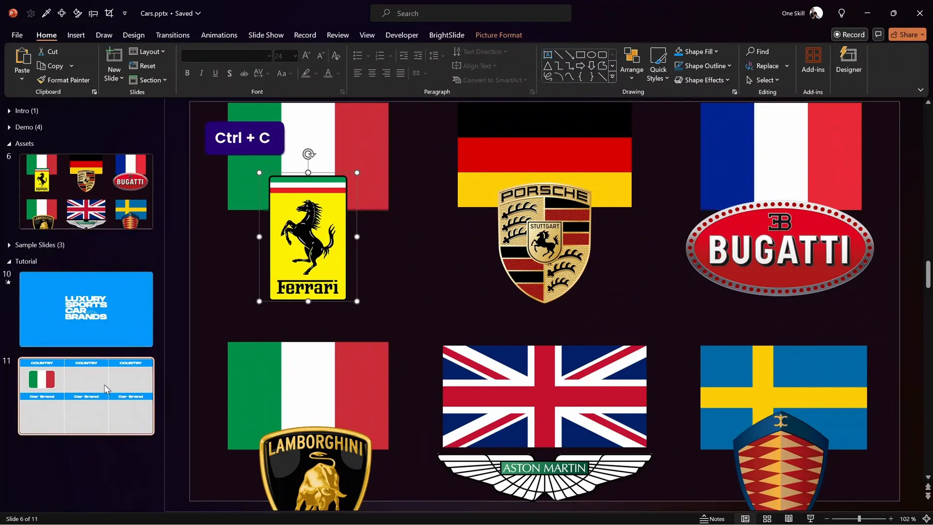 Flags and car brand logos added to slides with shadows