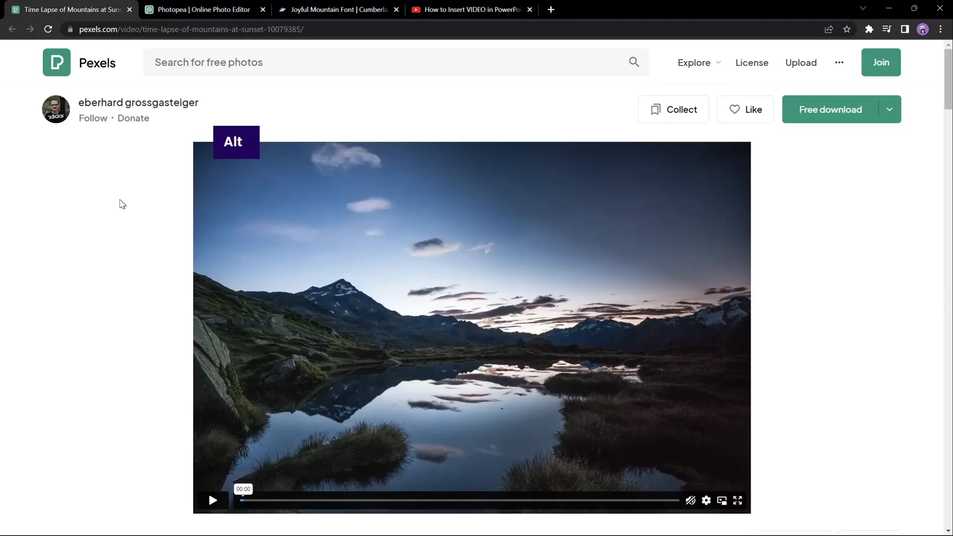 Selecting a time-lapse mountain video from Pexels