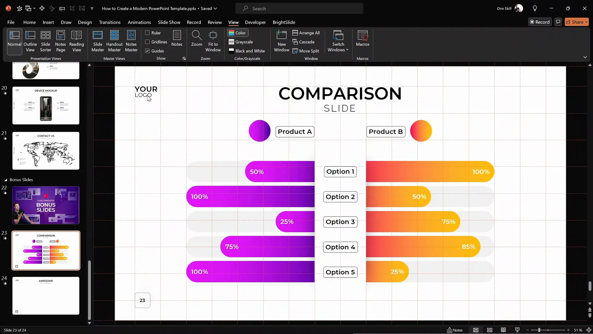 PowerPoint gridlines and guides turned on for precise alignment