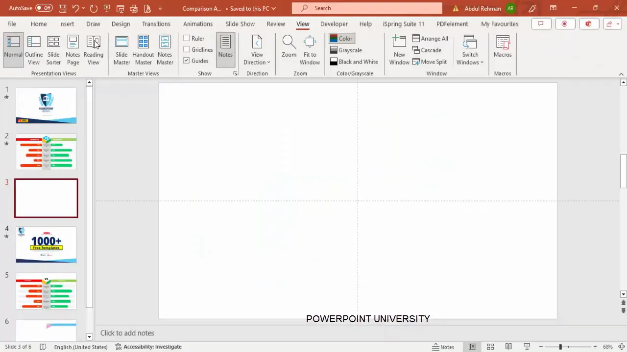 Adding a new slide and enabling guides in PowerPoint