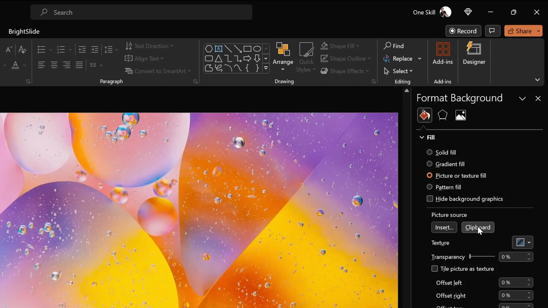 Pasting photo as slide background in PowerPoint