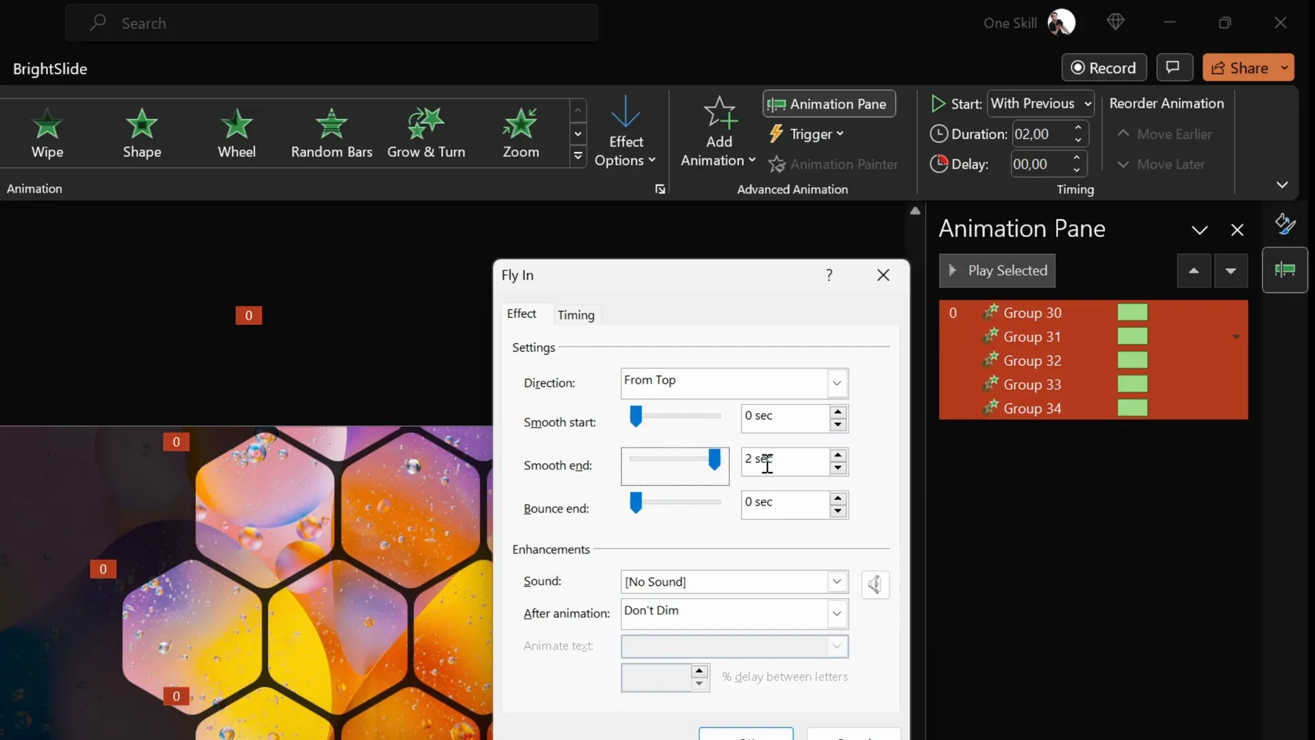 Applying fly-in animations to hexagon groups with smooth easing