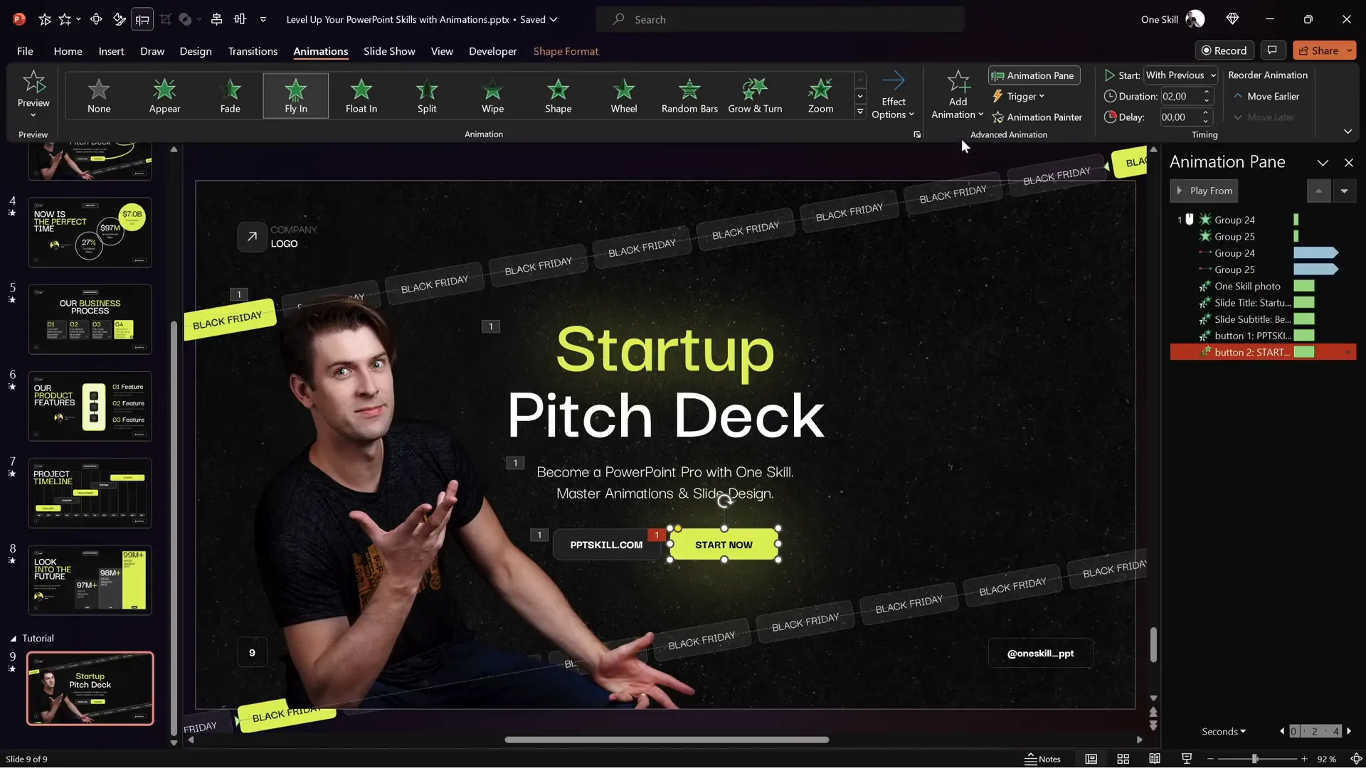 Pulsing start now button with flying animations on slide elements