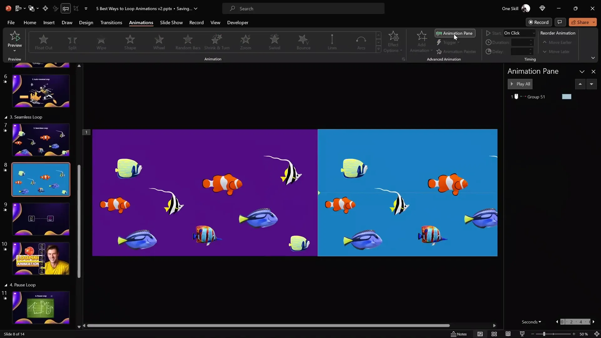 Grouping fishes and background for seamless loop animation