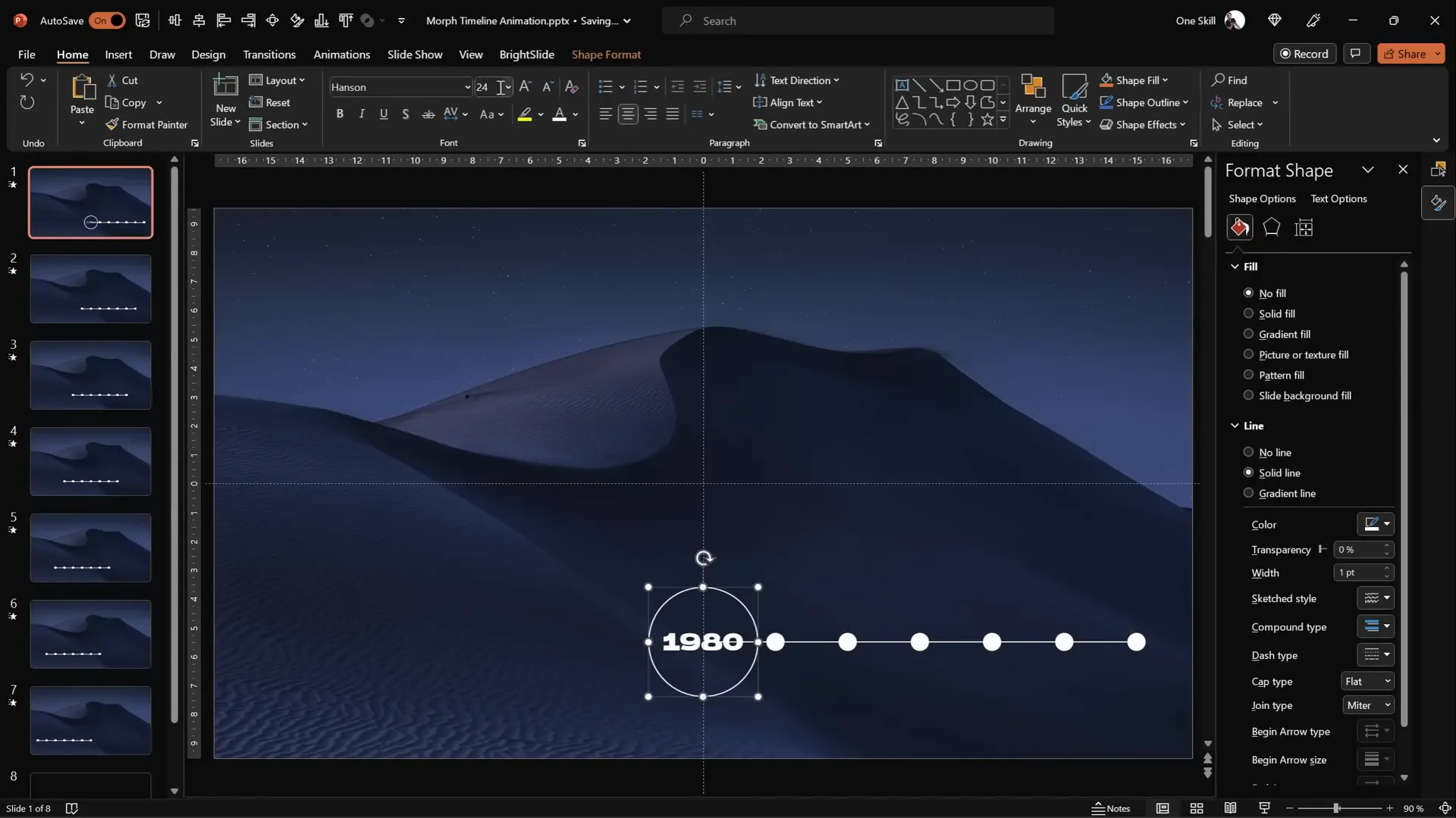 Enlarged circle with visible year text on timeline slide