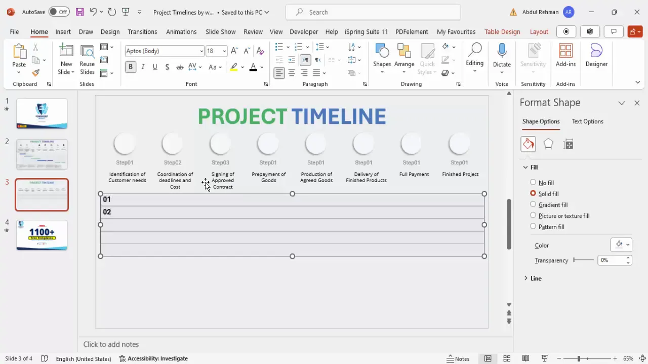 Weeks table inserted and formatted under the timeline steps