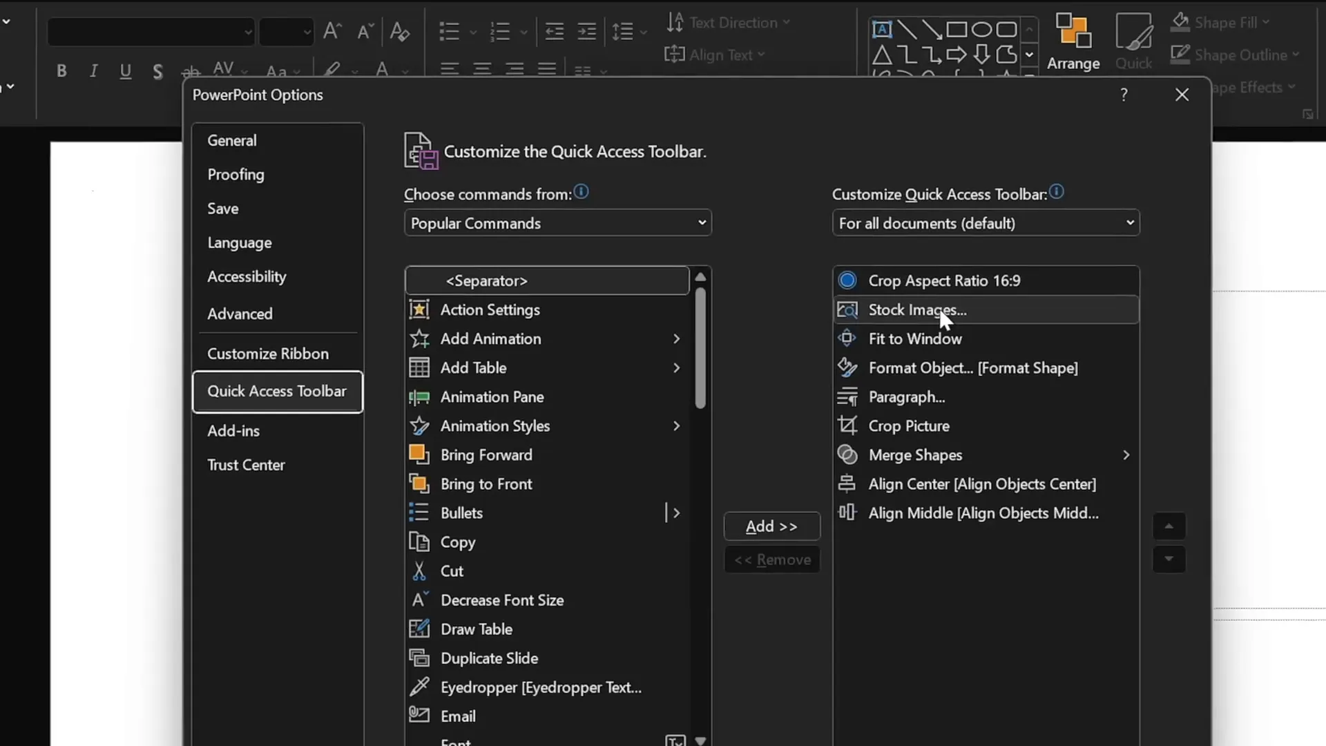 Customized quick access toolbar in PowerPoint with commands for faster workflow