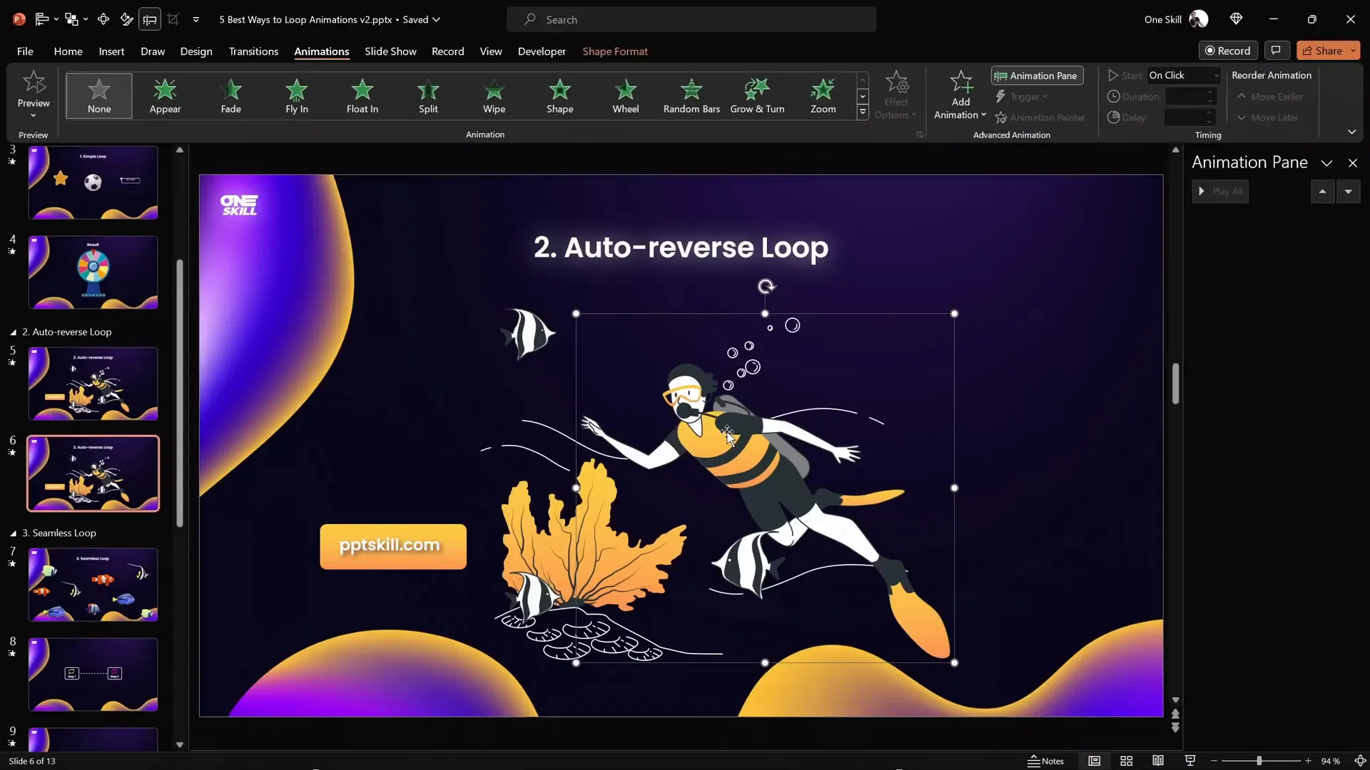 Adding motion path line animation for diver in PowerPoint