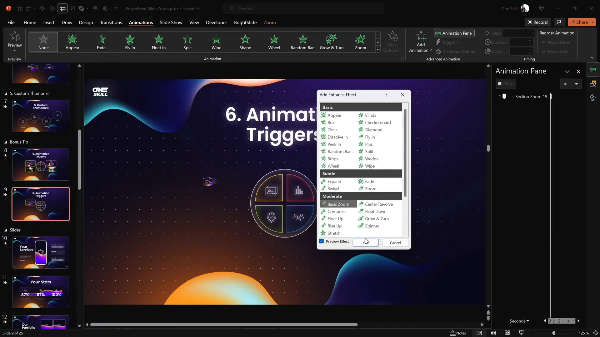 Setting up animation triggers for section zooms