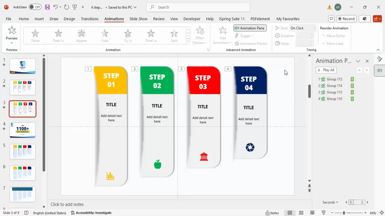 Animation pane in PowerPoint showing Peek In effects for each step