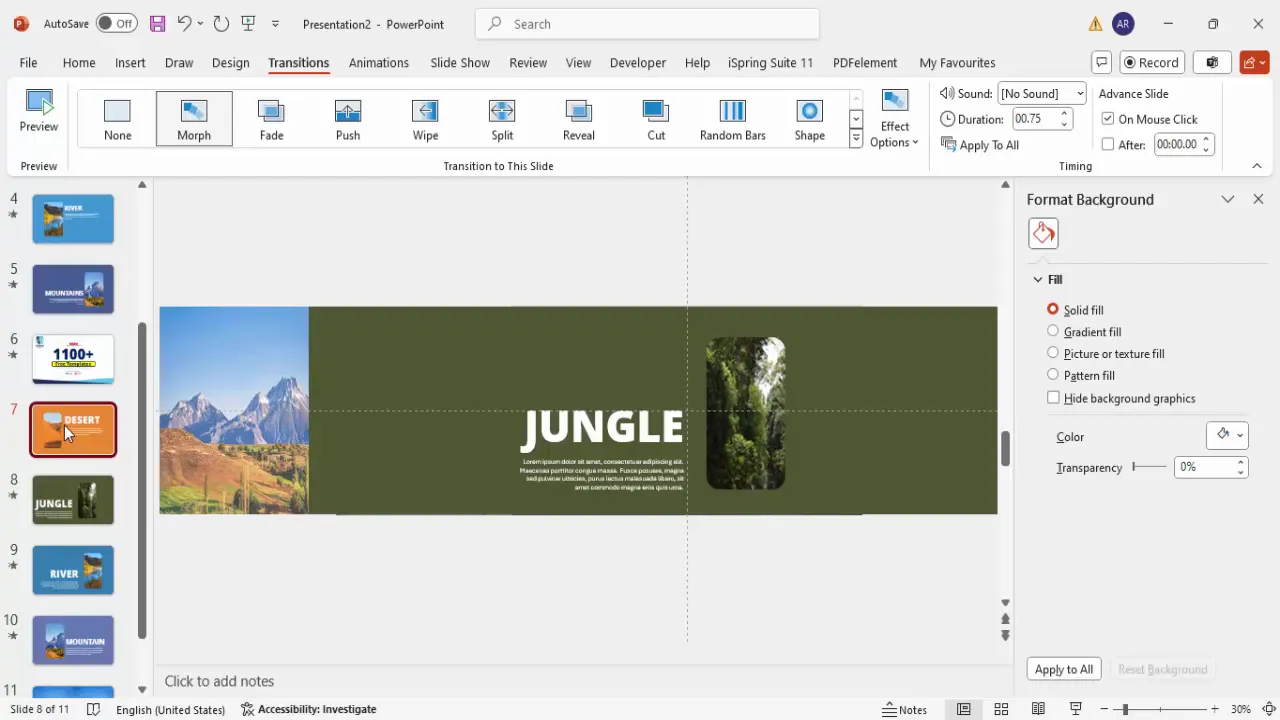 Preview of morph transition effect between slides