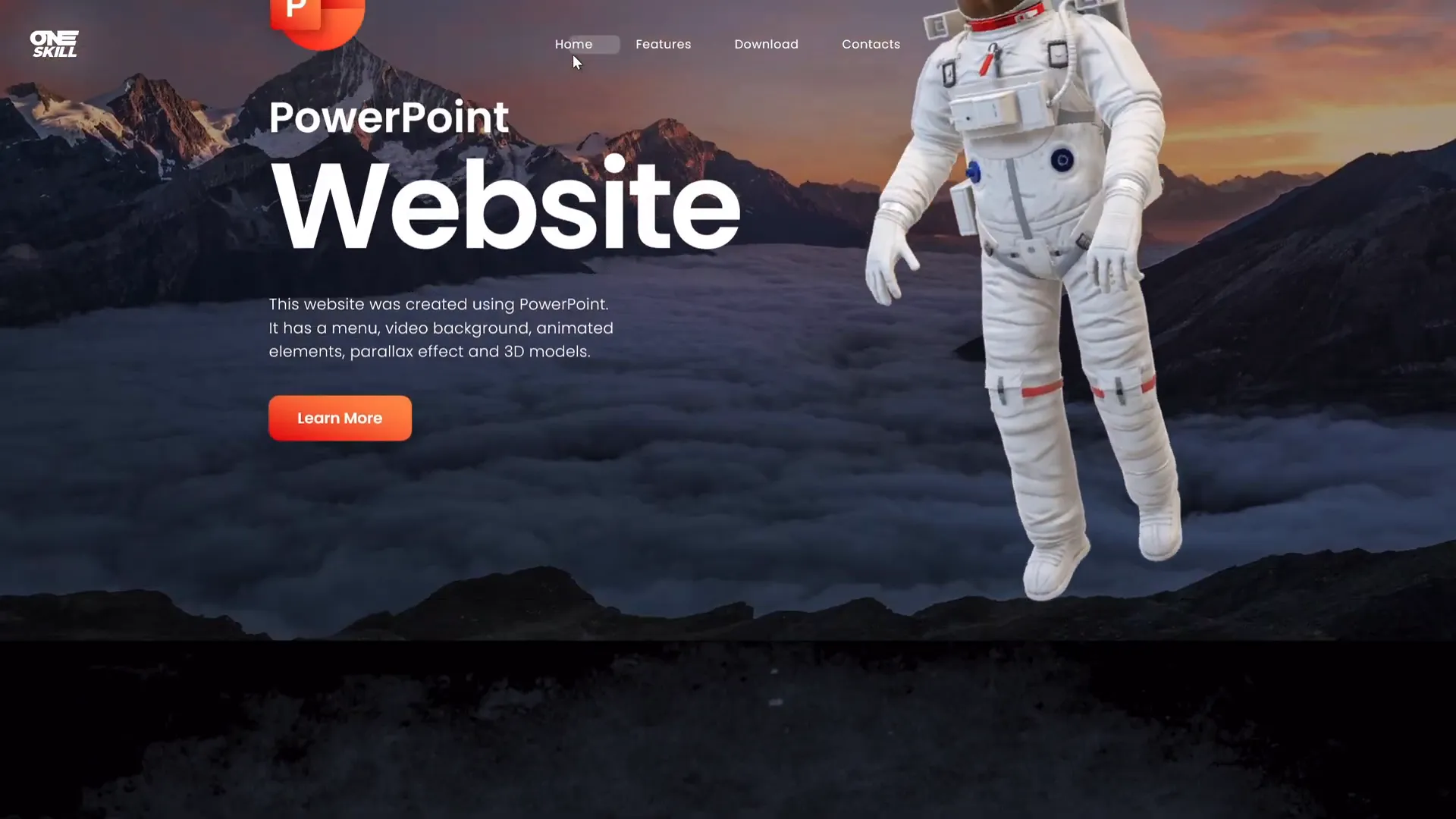 Animated PowerPoint presentation resembling a website with clickable menu and parallax effects