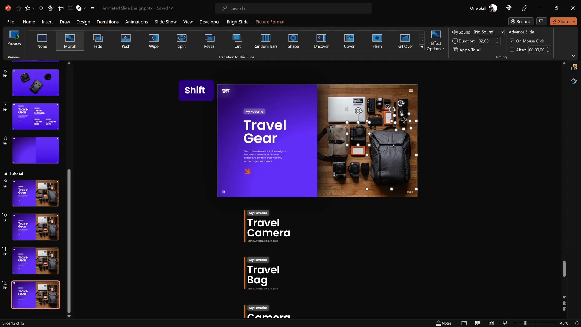Individual slide design adjustments for camera and travel bag