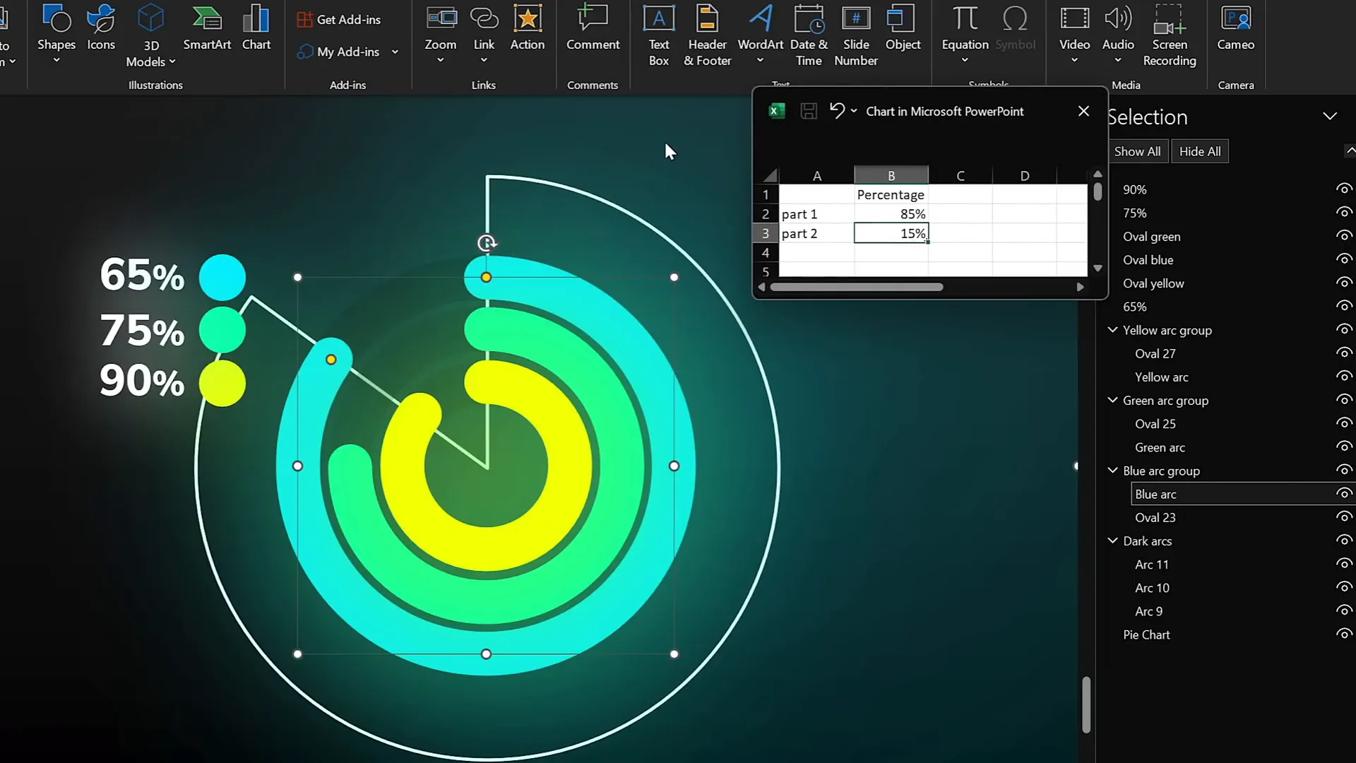 Using pie chart to align donut chart percentage