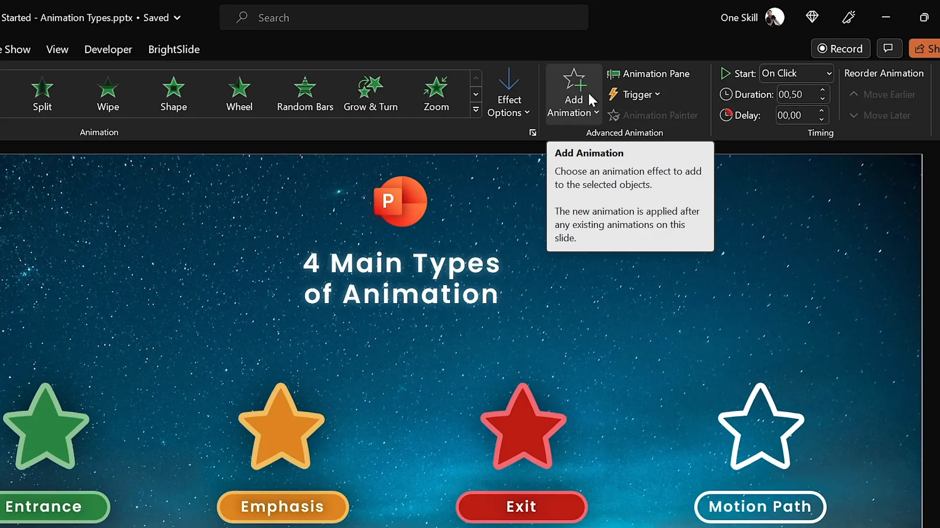 Applying flying entrance animation from top to a shape in PowerPoint