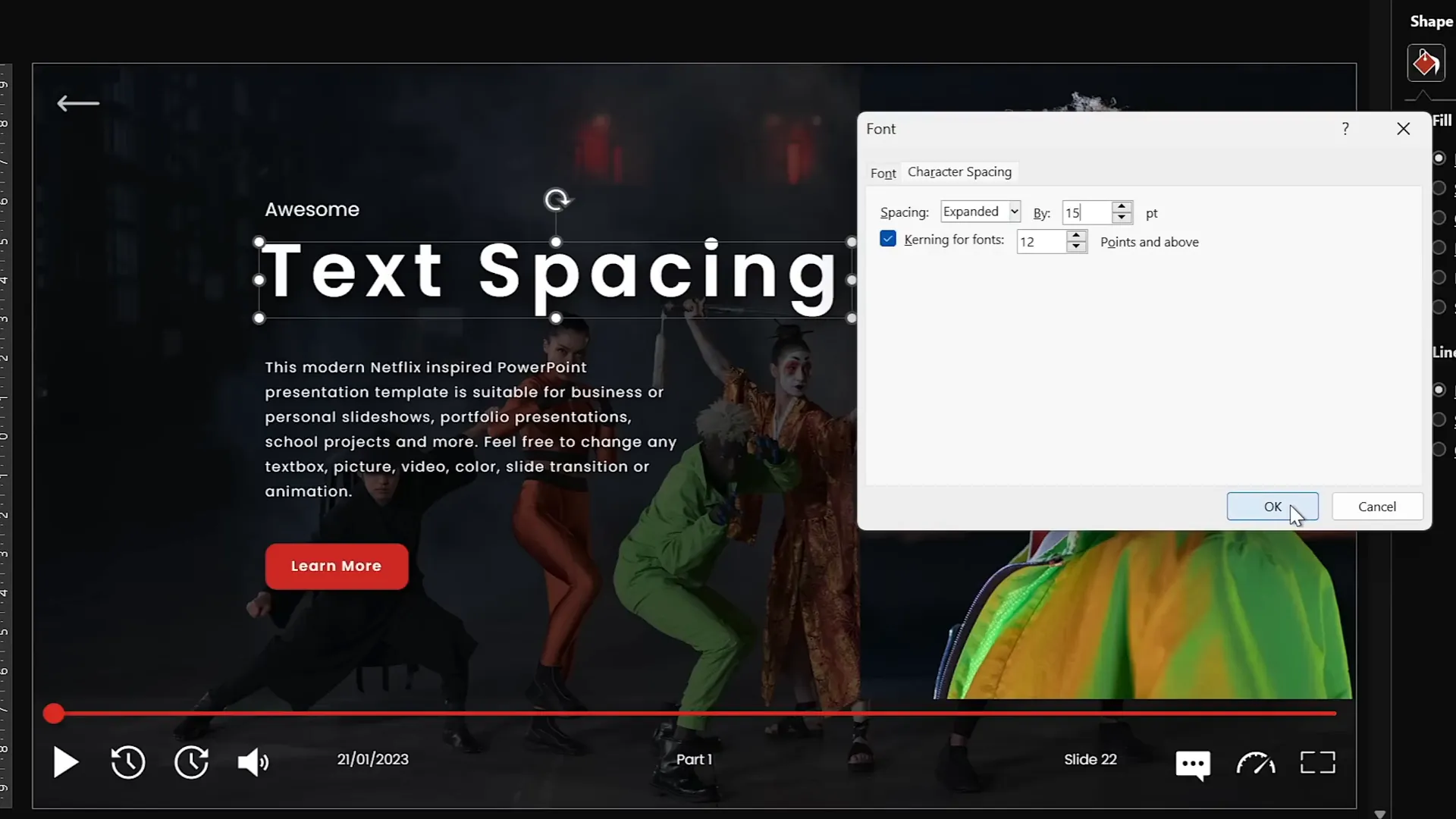 Adjusting letter spacing to expanded