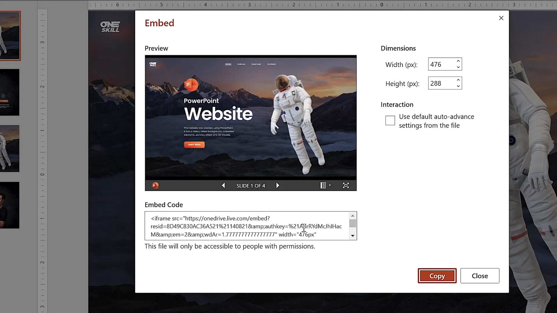 PowerPoint generating embed code for presentation