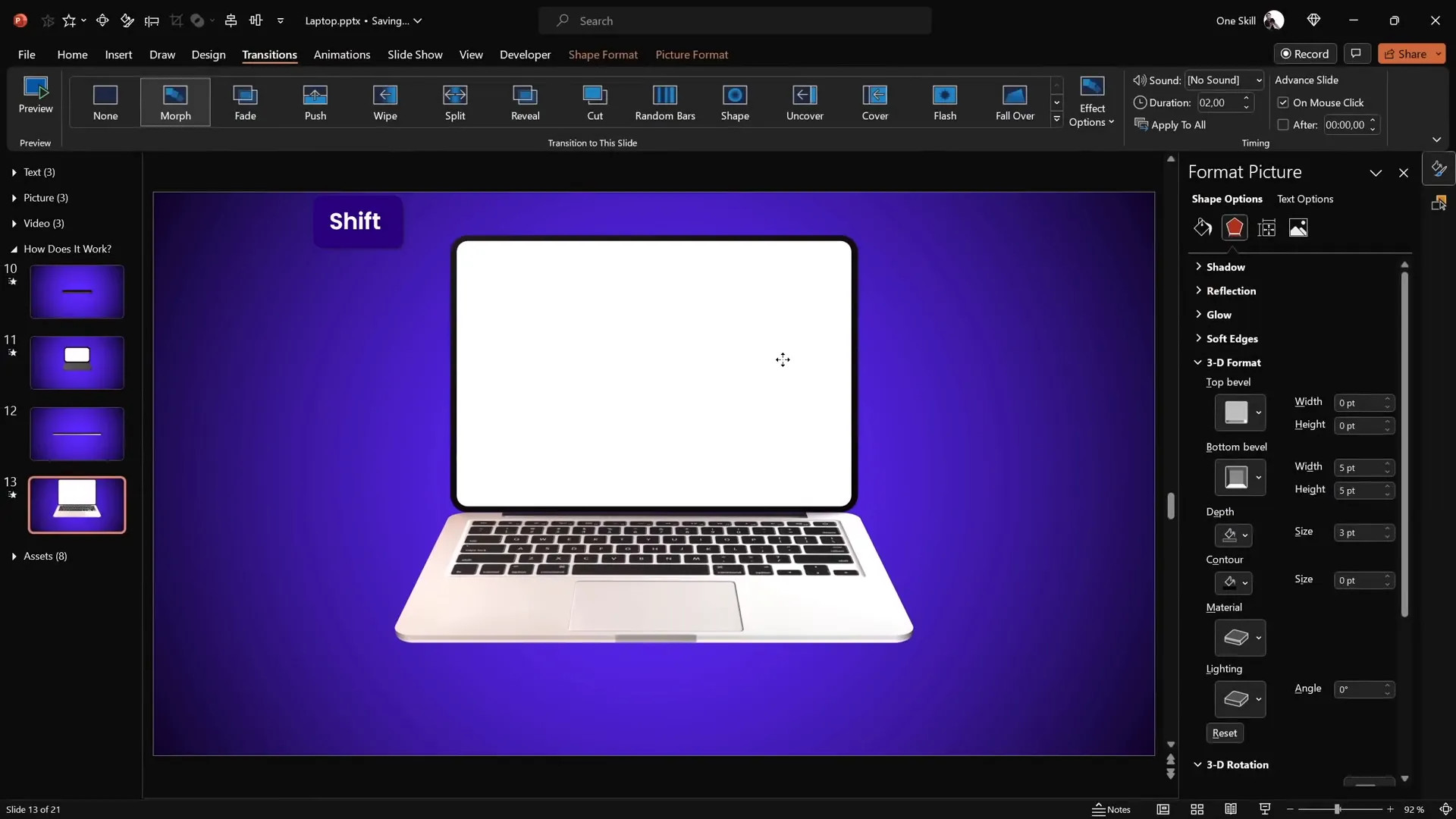 Realistic laptop screen and keyboard aligned and animated with morph